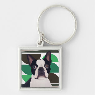 Boston Terrier Dog - Donkergroen geometrisch Sleutelhanger