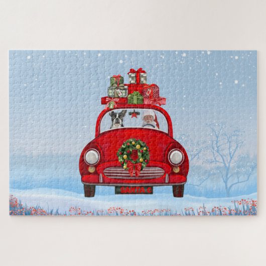 Boston Terrier Dog in auto met kerstman Legpuzzel (Horizontaal)