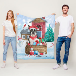 Boston Terrier Dog in het sneeuwkersthondenhuis Fleece Deken
