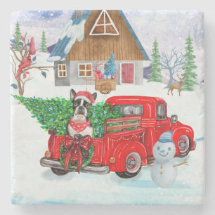 Boston Terrier dog in kerstcadeau Truck Stenen Onderzetter