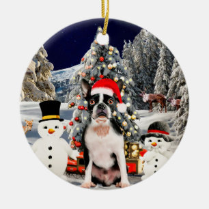 Boston Terrier Dog in Sneeuw Kerst Pet Lights Keramisch Ornament