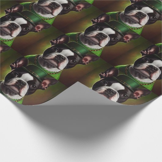 Boston Terrier dog in St. Patrick's Day Dress Cadeaupapier (Hoek)