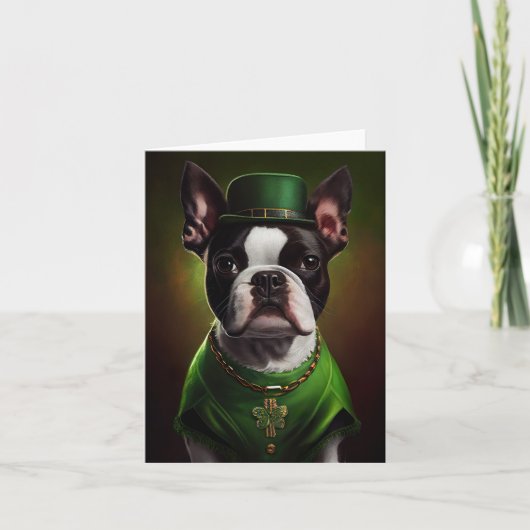 Boston Terrier dog in St. Patrick's Day Dress Kaart (Voorkant)