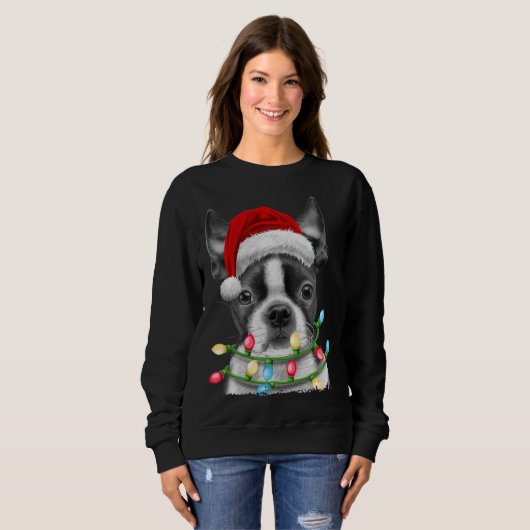 Boston Terrier Dog kerstboom lights Xma Trui (Voorkant volledig)