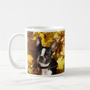 Boston Terrier Dog omringd door de Autumn Leaves M Koffiemok