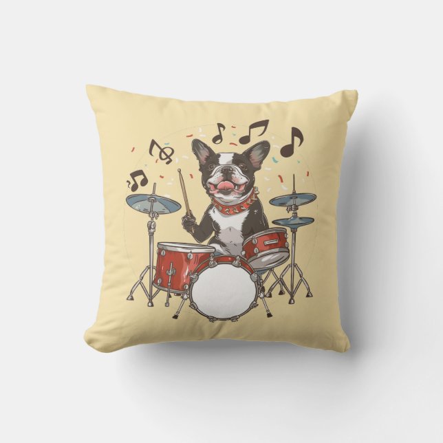 Boston Terrier Dog Playing Drums Kussen (Voorkant)