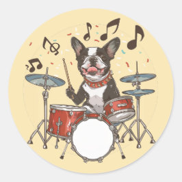 Boston Terrier Dog Playing Drums Ronde Sticker