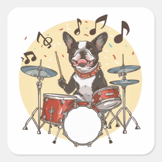 Boston Terrier Dog Playing Drums Vierkante Sticker (Voorkant)