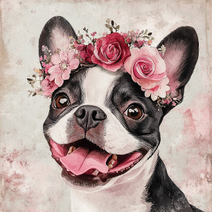 Boston Terrier Dog Red Floral Draagtas