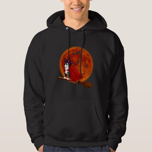 Boston Terrier Dog Riding Broom Blood Moon Hoodie (Voorkant)