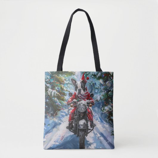 Boston Terrier Dog Riding Motorfiets Kerstmis Draagtas (Voorkant)