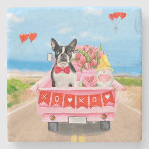 Boston Terrier Dog Valentijnsdag Truck Hearts Stenen Onderzetter