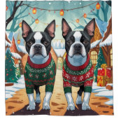 Boston Terrier Dogs Christmas Snow Holiday Douchegordijn (Voorkant)