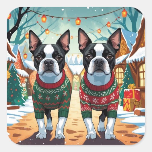 Boston Terrier Dogs Christmas Snow Holiday Vierkante Sticker (Voorkant)