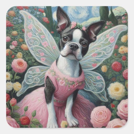 Boston Terrier Fairy in een bloementuin Vierkante Sticker (Voorkant)