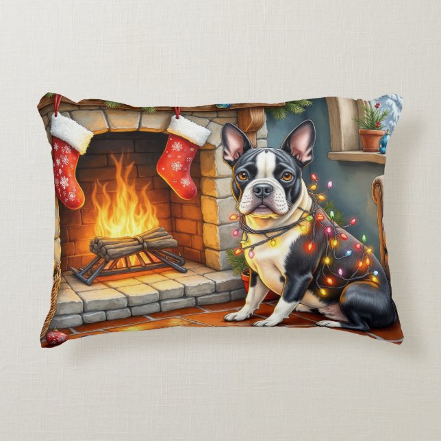 Boston Terrier Fireplace with Christmas Lights Accent Kussen (Voorkant)