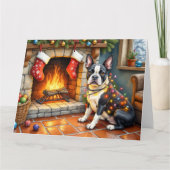 Boston Terrier Fireplace with Christmas Lights Kaart (Voorkant)