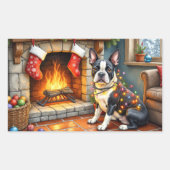 Boston Terrier Fireplace with Christmas Lights Rechthoekige Sticker (Voorkant)