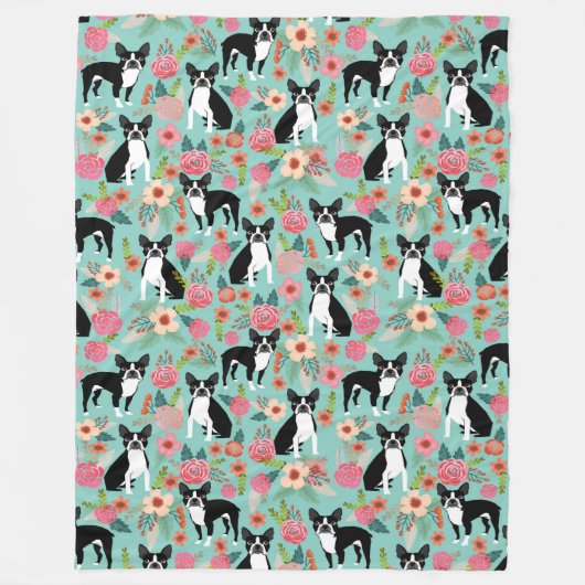 Boston Terrier Floral Blanket - schattige  flora Fleece Deken (Voorkant)