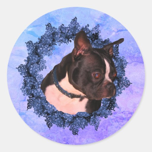 Boston Terrier Flower Wreath Dog Ronde Sticker (Voorkant)