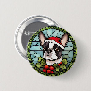 Boston Terrier Gebrandschilderd Glas Kerstmis Ronde Button 5,7 Cm