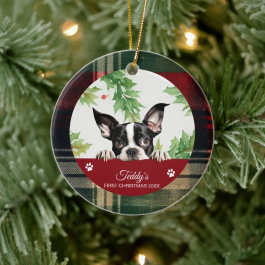 Boston Terrier Gepersonaliseerde Eerste Kerstmis Keramisch Ornament (Boom)