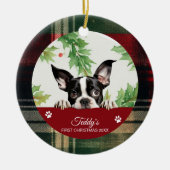 Boston Terrier Gepersonaliseerde Eerste Kerstmis Keramisch Ornament (Voorkant)