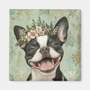 Boston Terrier Groene Bloemen Keuken Magneet