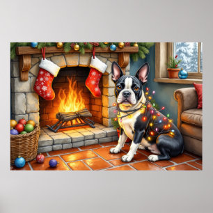 Boston Terrier Haard met Kerstverlichting Poster