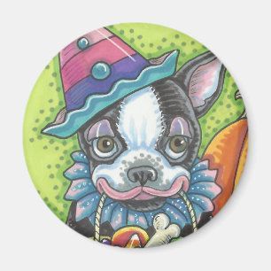 BOSTON TERRIER HALLOWEEN CLOWN, DOG MAGNET Round Magneet