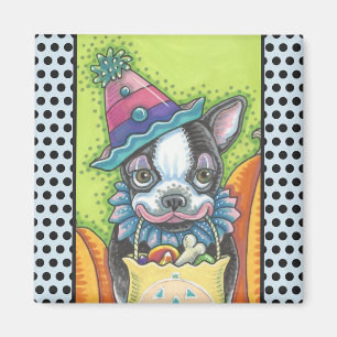 BOSTON TERRIER HALLOWEEN CLOWN, DOG MAGNET Square Magneet