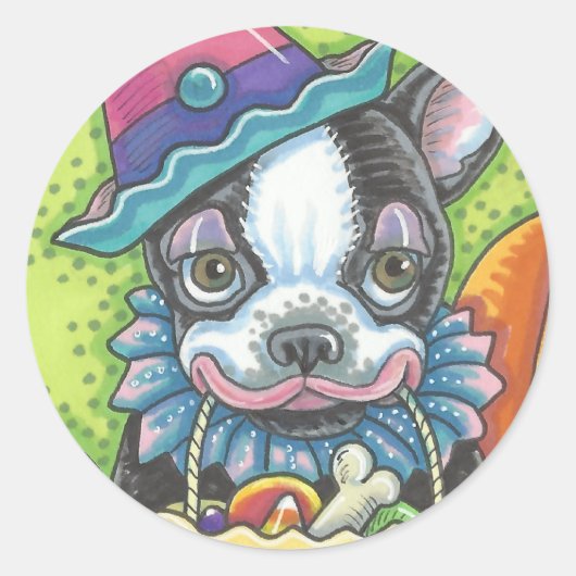 BOSTON TERRIER HALLOWEEN CLOWN STICKER SHERound (Voorkant)