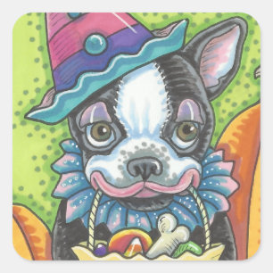 BOSTON TERRIER HALLOWEWEEN CLOWN STICKERS Squ