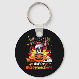 Boston Terrier hond Halloween en vrolijk kerstfees Sleutelhanger