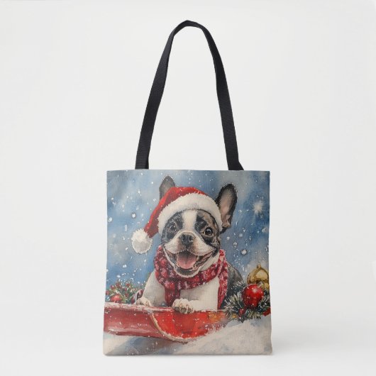 Boston Terrier Hond in Sledge Laat het Sneeuw Kers Draagtas (Voorkant)
