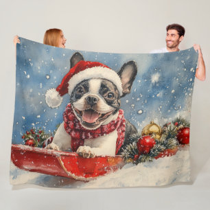 Boston Terrier Hond in Sledge Laat het Sneeuw Kers Fleece Deken
