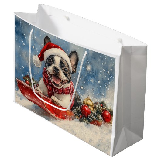 Boston Terrier Hond in Sledge Laat het Sneeuw Kers Groot Cadeauzakje (Voorkant Gekanteld)