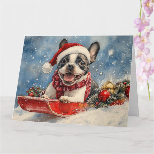Boston Terrier Hond in Sledge Laat het Sneeuw Kers Kaart
