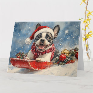 Boston Terrier Hond in Sledge Laat het Sneeuw Kers Kaart