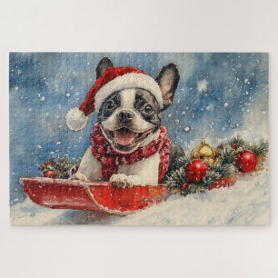 Boston Terrier Hond in Sledge Laat het Sneeuw Kers Legpuzzel