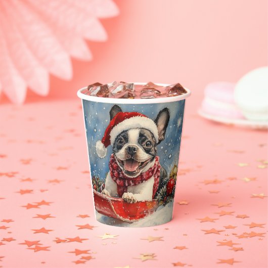 Boston Terrier Hond in Sledge Laat het Sneeuw Kers Papieren Bekers (Insitu)