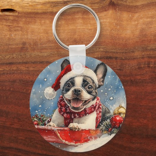 Boston Terrier Hond in Sledge Laat het Sneeuw Kers Sleutelhanger (Voorkant)