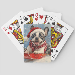 Boston Terrier-hond in slee Laat het sneeuwen Kers Pokerkaarten