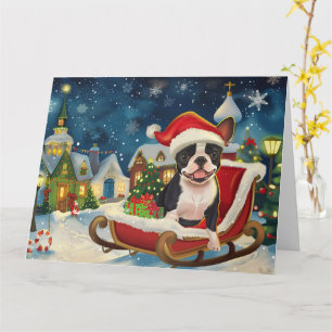 Boston Terrier Hond in Sleigh Snow Kerstmis Kaart