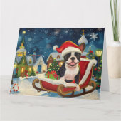 Boston Terrier Hond in Sleigh Snow Kerstmis Kaart (Voorkant)