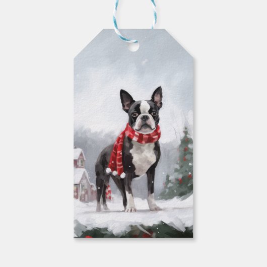 Boston Terrier Hond in Sneeuw Kerstmis Cadeaulabel (Achterkant)