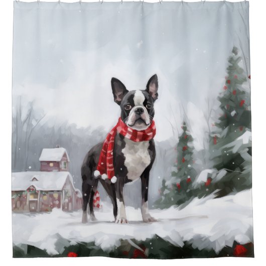 Boston Terrier Hond in Sneeuw Kerstmis Douchegordijn (Voorkant)