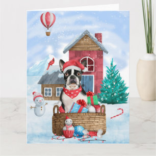 Boston Terrier-hond in sneeuw Kerstmis Hondenhok Kaart