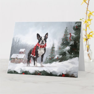 Boston Terrier Hond in Sneeuw Kerstmis Kaart
