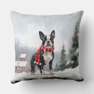 Boston Terrier Hond in Sneeuw Kerstmis Kussen